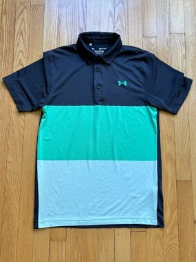 Under Armour Mens Short Sleeve Playoff Polo Shirt Golf Small Gray Green Stripe